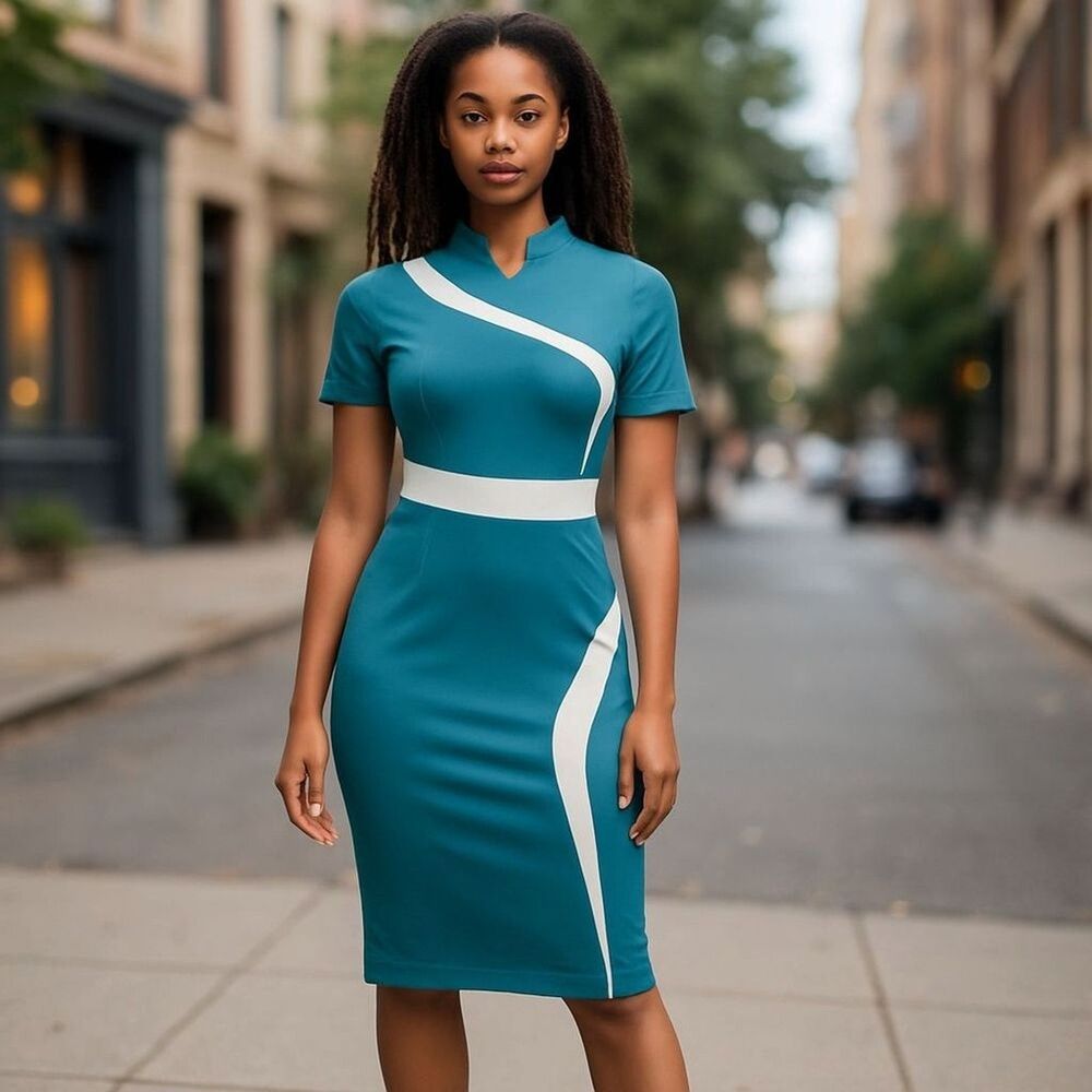 Retro-Inspired Teal and White Pencil Dress